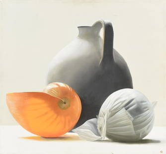 OLGA ANTONOVA (Russian/American b. 1956) A PAINTING,: OLGA ANTONOVA (Russian/American b. 1956) A PAINTING, "Still Life with Orange Shell," 1987, oil on canvas, signed in monogram L/R, "O.A.," verso signed and dated with an old paper label, 22" x 24", fra