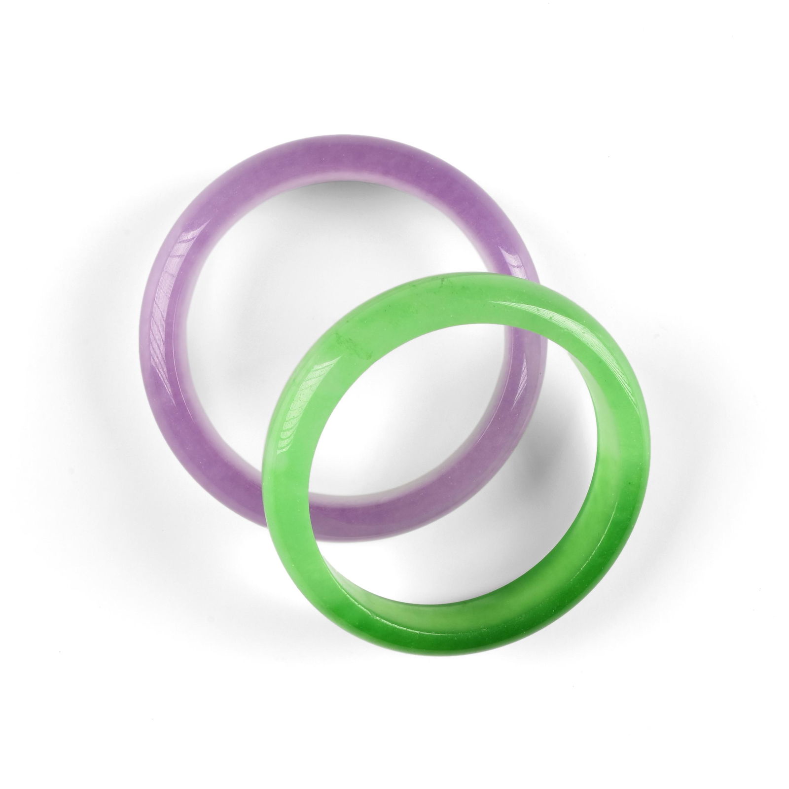 A GROUP OF TWO CHINESE PURPLE AND GREEN JADE BANGLES, (1 of 1)