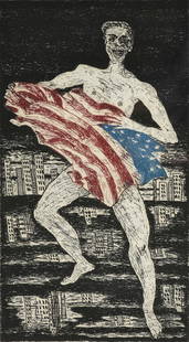 DEREK BOSHIER (British b. 1937) A PRINT, "Wake up: DEREK BOSHIER (British b. 1937) A PRINT, "Wake up America - Get a Fresh Start Everyday," 1982, color engraving on paper with blind stamps, signed in monogram L/R in pencil in margin, "D.B.," and dated