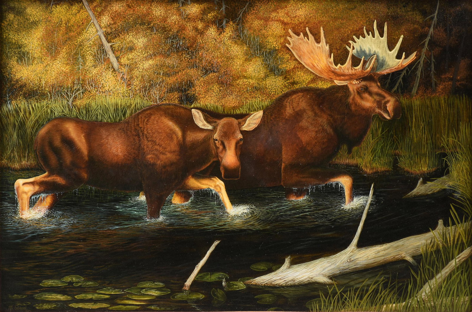 BILL MCGLAUN (American/Texas 1949-2015) A PAINTING,: BILL MCGLAUN (American/Texas 1949-2015) A PAINTING, "Moose River Crossing," 1979, oil on canvas, signed and dated L/L, "McGlaun '79," framed, 33" x 44 3/4".