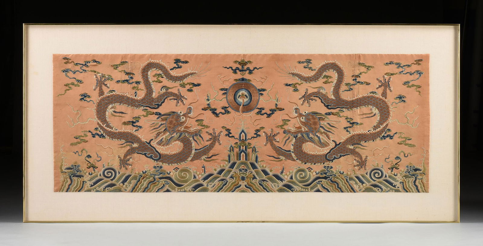 A QING DYNASTY "DRAGONS AND PEARL" GOLD COUCHED SILK (1 of 10)