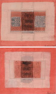 TANG GUO (Chinese b. 1955) A PAIR OF PAINTINGS, 2000,: TANG GUO (Chinese b. 1955) A PAIR OF PAINTINGS, 2000, comprising two silkscreens and watercolor collages on seamed paper, signed and dated L/R in pencil, 31" x 34 1/2", framed, 36" x 39". Note: 