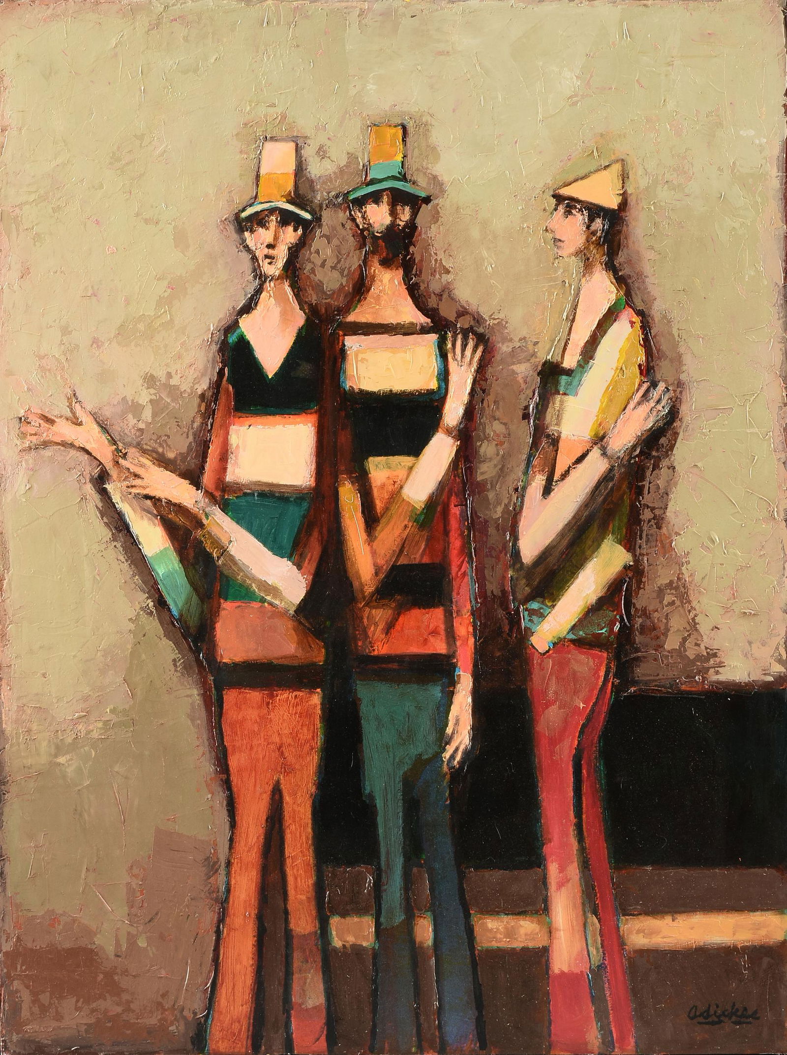 DAVID ADICKES (American/Texas b. 1927) A PAINTING,: DAVID ADICKES (American/Texas b. 1927) A PAINTING, "Trois Hommes, Tan," 2012, acrylic on board, signed L/R, "Adickes," verso the artist's studio label, 40" x 30", framed, 42 3/8" x 32 1/4".