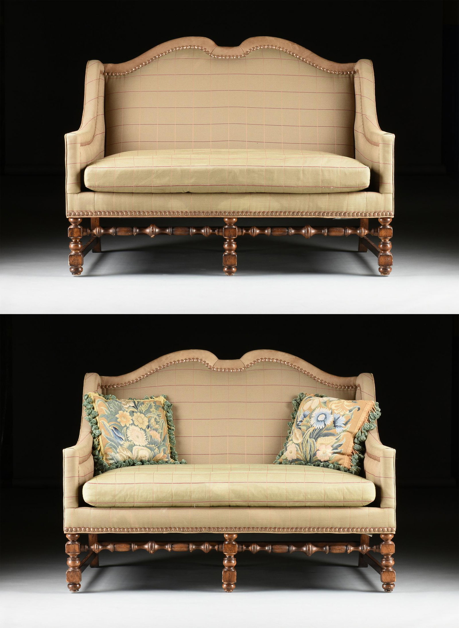 A PAIR OF FERGUSON COPELAND "EUROPEAN TOUR" SUEDE: A PAIR OF FERGUSON COPELAND "EUROPEAN TOUR" SUEDE LEATHER AND HOUND'S TOOTH PLAID UPHOLSTERED WALNUT LOVESEATS, MODERN, each with a padded broken arch crest rail covered in beige suede leather, contin