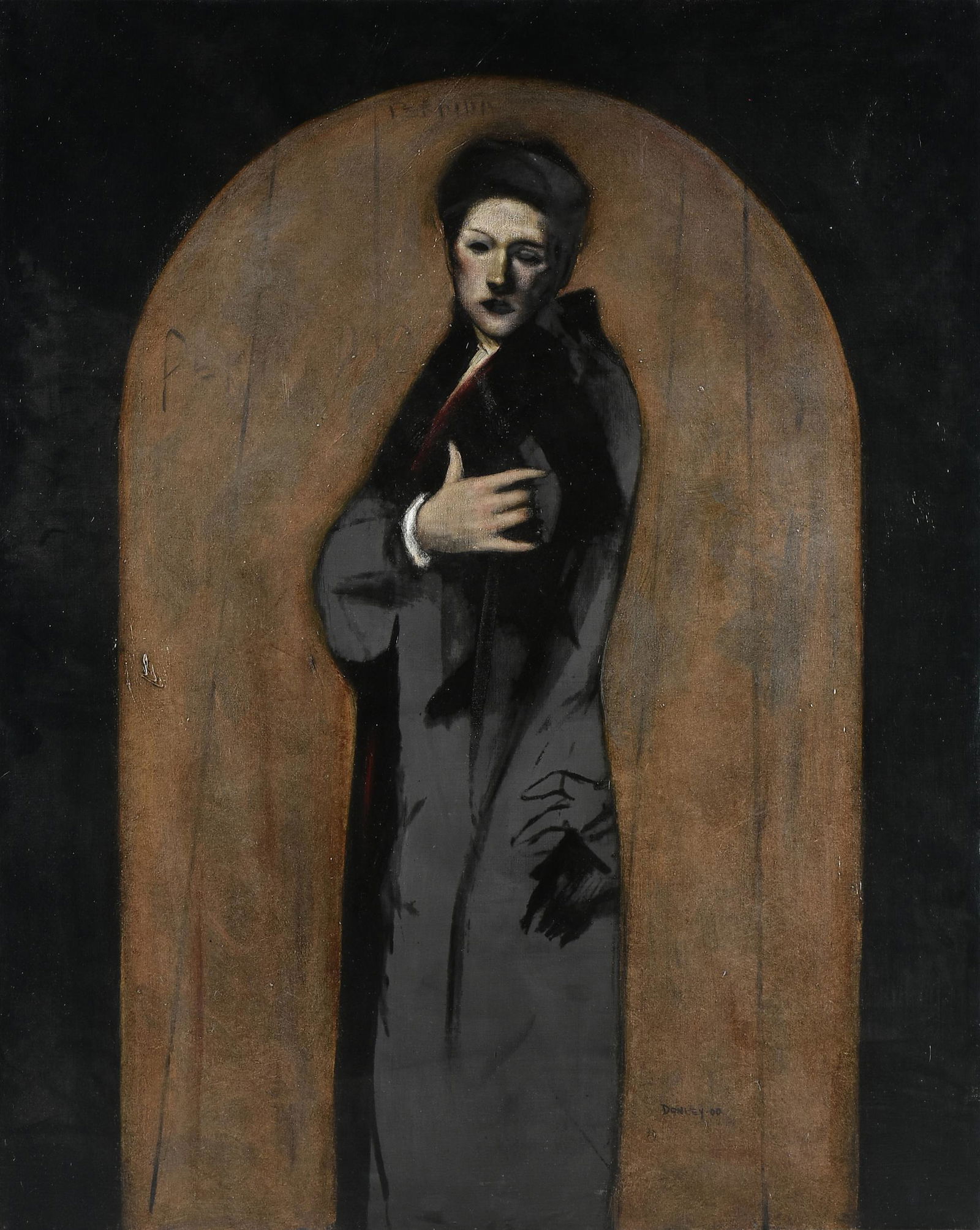 RAY DONLEY (American/Texas b. 1950) A PAINTING, "Mona,": RAY DONLEY (American/Texas b. 1950) A PAINTING, "Mona," 2000, oil on canvas, signed and dated L/R, "Donley '00," verso dated and signed, "2000 Ray Donley," with Rubar's stretcher stamp, 50" x 40"