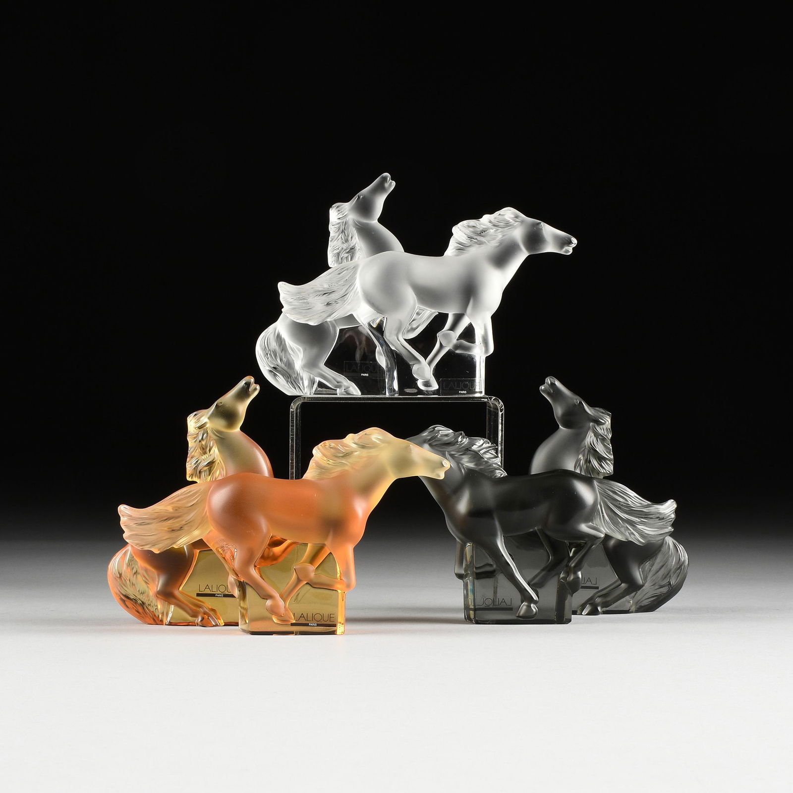 THREE PAIRS OF LALIQUE CRYSTAL KAZAK HORSE FIGURES, (1 of 13)
