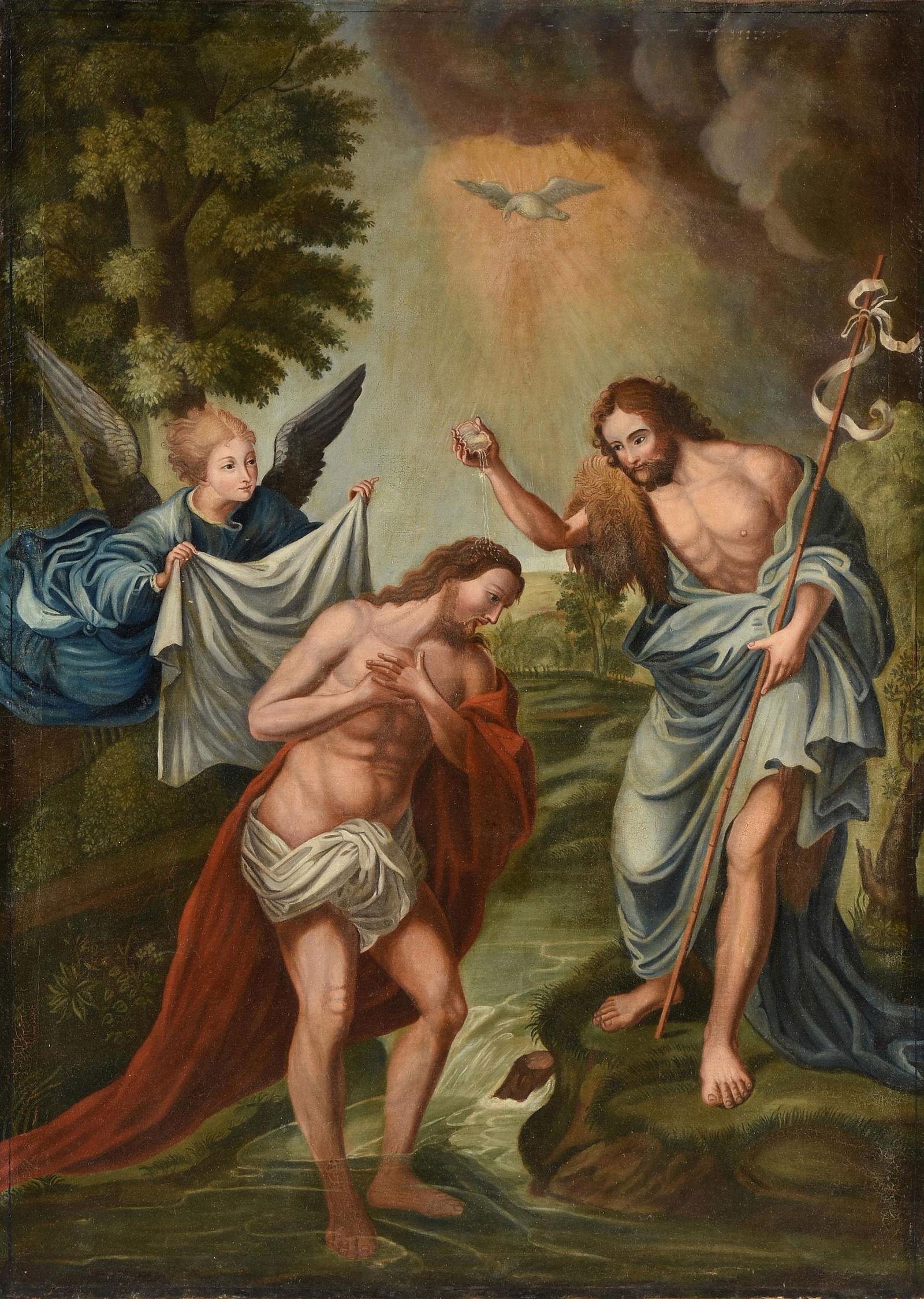 manner of PIERRE MIGNARD (French 1612-1695) A PAINTING,: manner of PIERRE MIGNARD (French 1612-1695) A PAINTING, "The Baptism of Christ in the River Jordan," 18TH/19TH CENTURY, oil on canvas, 53 1/2" x 38".