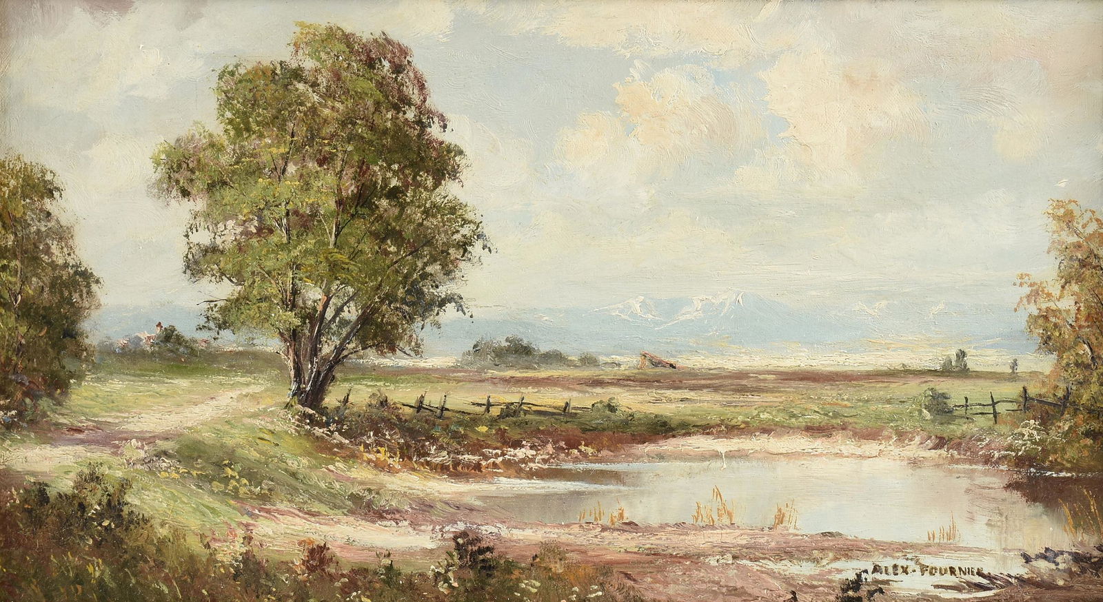 ALEX JEAN FOURNIER (American 1865-1948) A PAINTING,: ALEX JEAN FOURNIER (American 1865-1948) A PAINTING, "Pond in Mountainous Landscape," oil on masonite, signed L/R, "ALEX FOURNIER," 10 1/4" x 18 1/4", framed, 12" x 20 1/4".