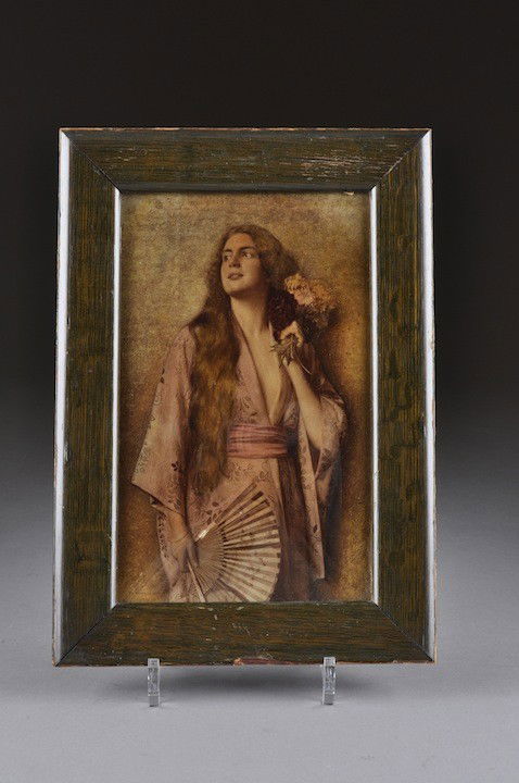 MAX NONNENBRUCH (German 1857-1922) A PAINTING, "P: MAX NONNENBRUCH (German 1857-1922) A PAINTING, "PORTRAIT OF A YOUNG WOMAN," verre églomisé on glass, signed and dated 1900 L/L. 10" x 6 1/2". Framed.