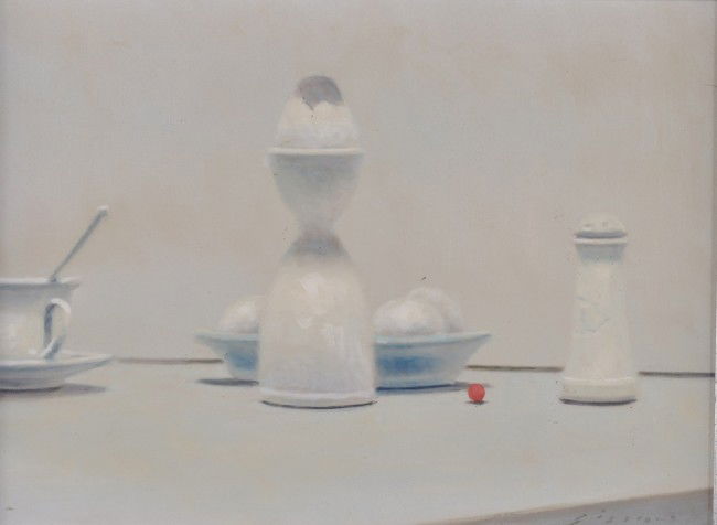 ANDRE GISSON (French 1910-2003) A PAINTING, "STILL: ANDRE GISSON (French 1910-2003) A PAINTING, "STILL LIFE WITH EGG CUP," oil on canvas, signed L/R. 12" x 16". Framed.