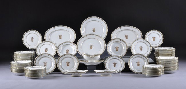 AN ANTIQUE FRENCH DINNER SERVICE comprising thirty: AN ANTIQUE FRENCH DINNER SERVICE comprising thirty-four dinner plates, twenty-nine salad plates, twenty-four soup bowls, two oval platters, two round platters, one sauce boat and tray, two sauce boats