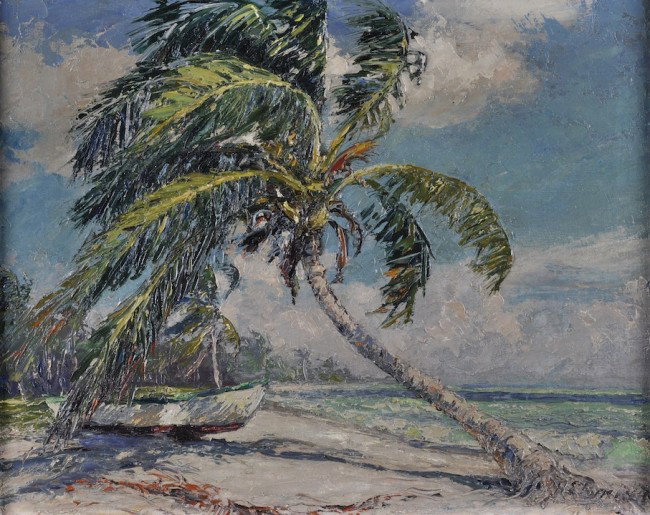 A.E. BACKUS (American 1906-1990) A PAINTING, "Lone: A.E. BACKUS (American 1906-1990) A PAINTING, "Lone Palm, Vero Beach FL," oil on canvas board, signed L/R. 16" x 20". Framed.