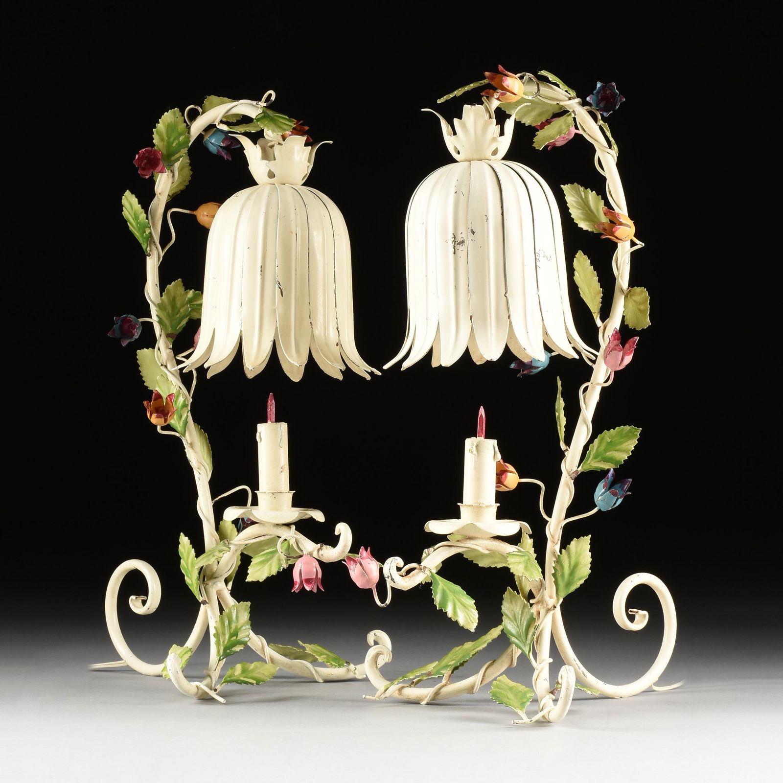 A PAIR OF VINTAGE ITALIAN WHITE AND POLYCHROME PAINTED FLORAL TÔLE LAMPS, 1950s/EARLY 1960s, (1 of 6)