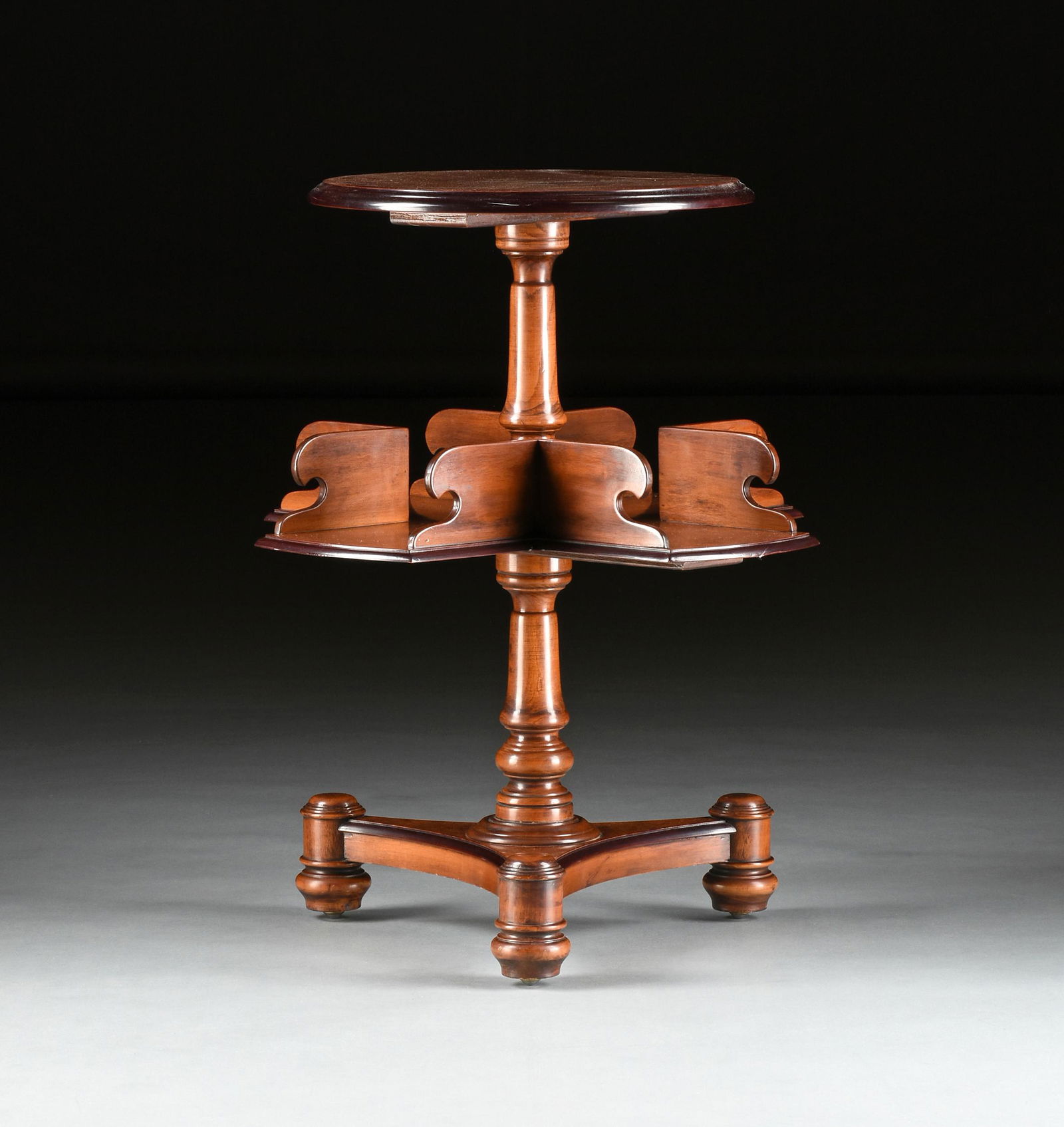 A WILLIAM IV STYLE BURLED WALNUT TWO TIERED BOOK STAND END TABLE, MODERN, (1 of 6)
