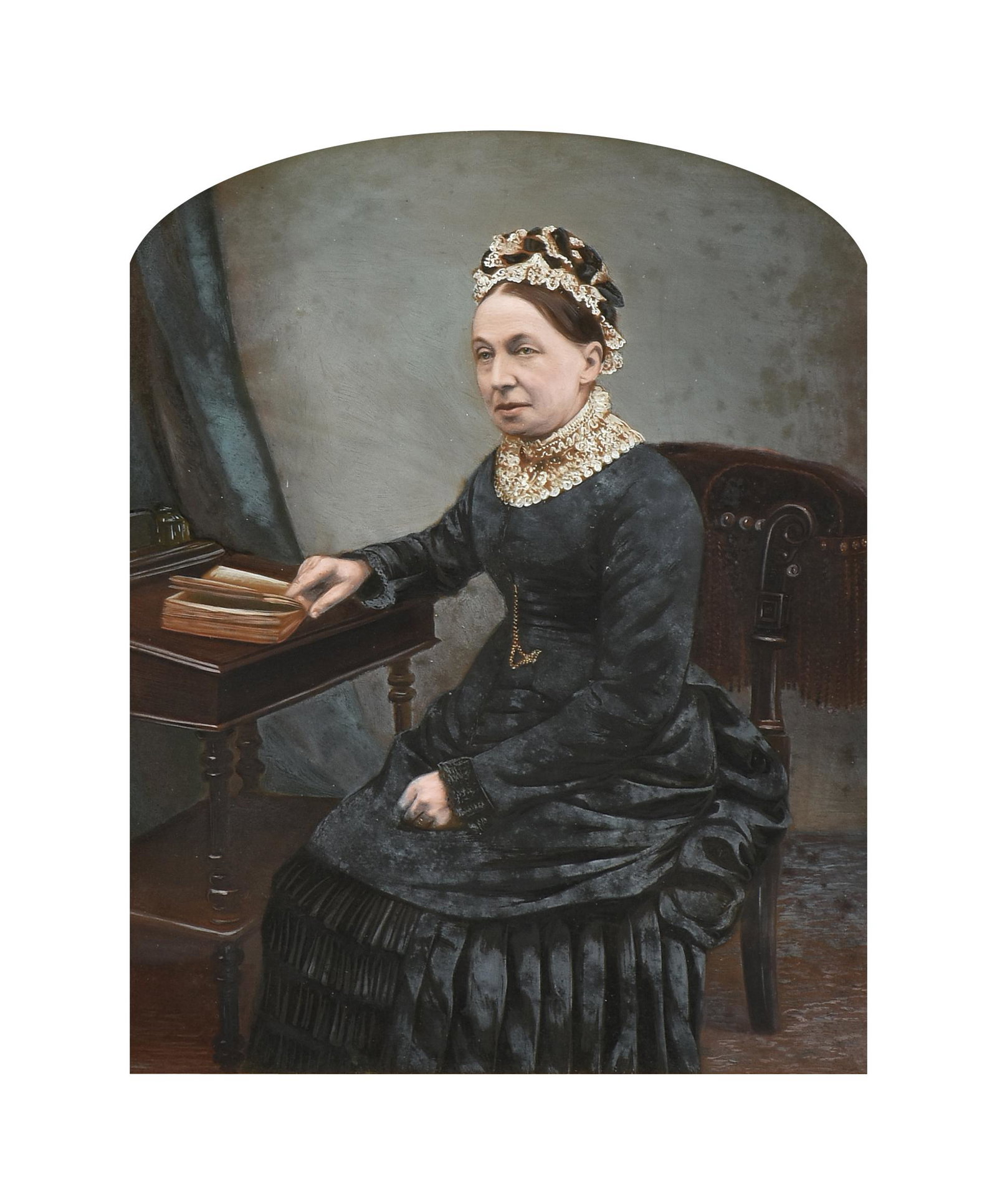 A TEXAS HERITAGE HAND-COLORED PHOTOGRAPH, "Mrs. Col. William Moody, née Pherabe Elizabeth: A TEXAS HERITAGE HAND-COLORED PHOTOGRAPH, "Mrs. Col. William Moody, née Pherabe Elizabeth 'Lizzie' Bradley," OF GALVESTON, 1870-1890, hand painted over studio photograph, veso sitter identified a