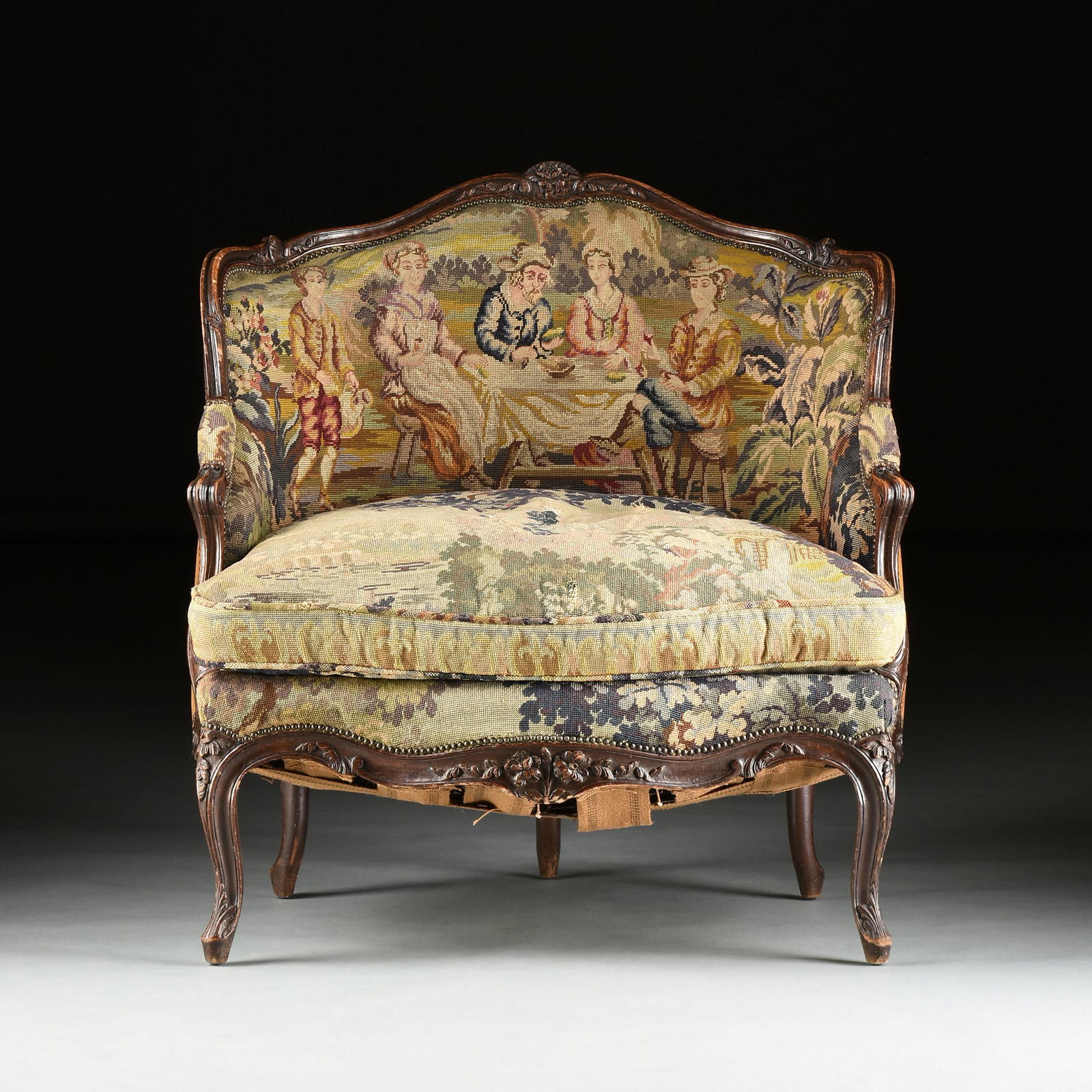 A LOUIS XV STYLE TAPESTRY UPHOLSTERED WALNUT MARQUISE, 19TH CENTURY, (1 of 7)