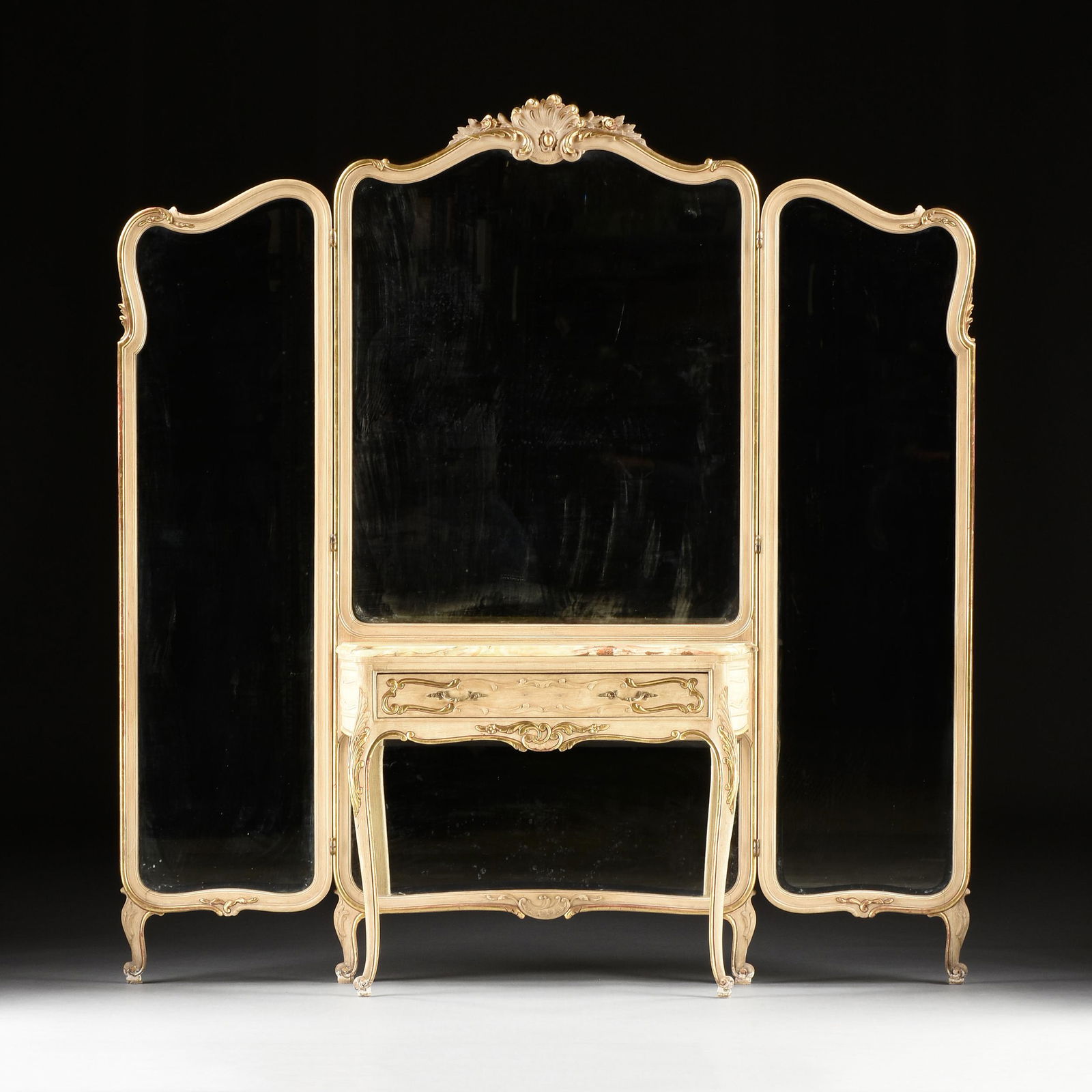 A FRENCH ROCOCO REVIVAL TRIPLE FLOOR MIRROR BACKED AND ONYX TOPPED VANITY CONSOLE, EARLY 20TH (1 of 7)