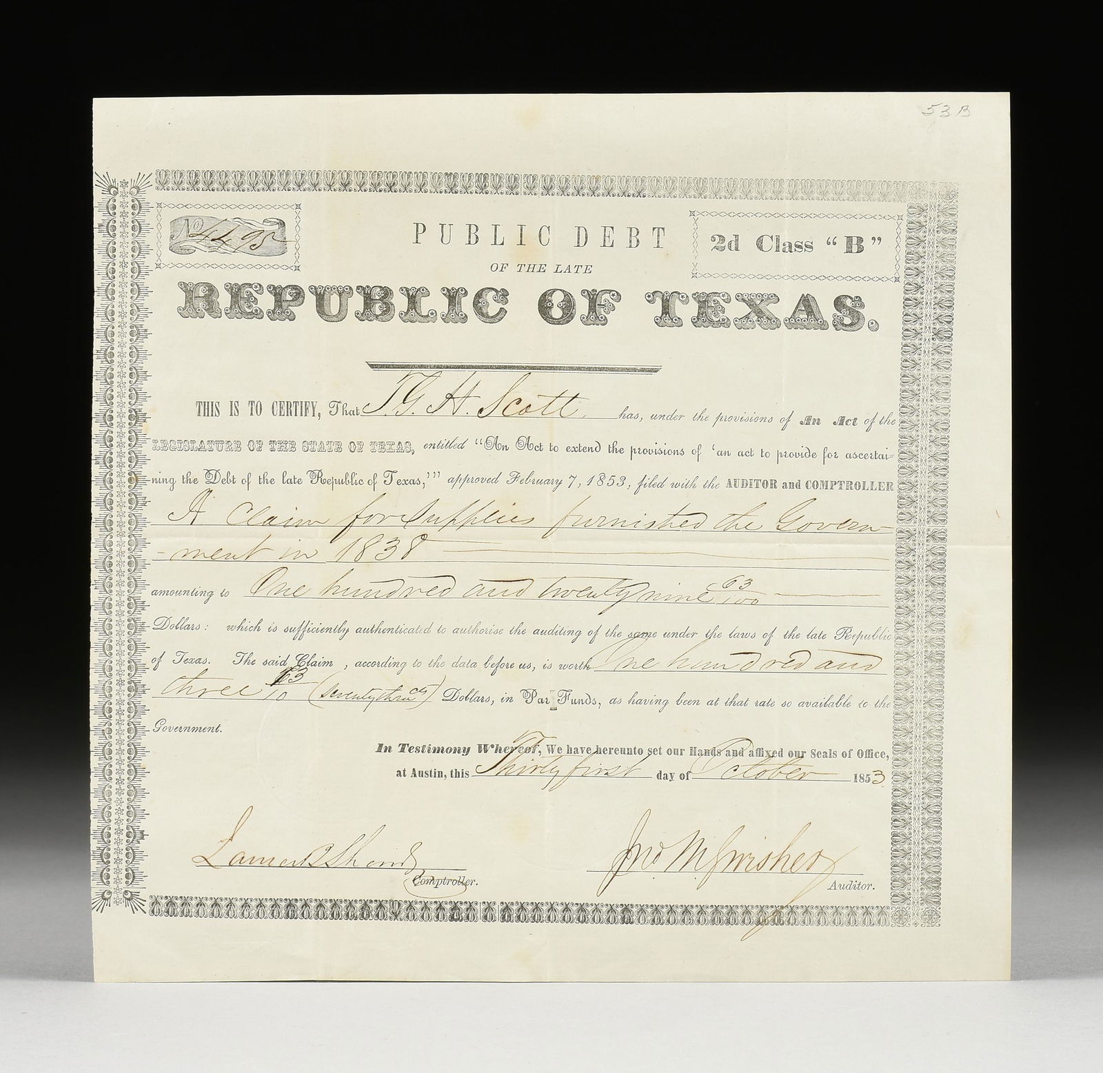 A PUBLIC DEBT OF THE LATE REPUBLIC OF TEXAS DOCUMENT, AUSTIN, OCTOBER 31,1853, (1 of 1)