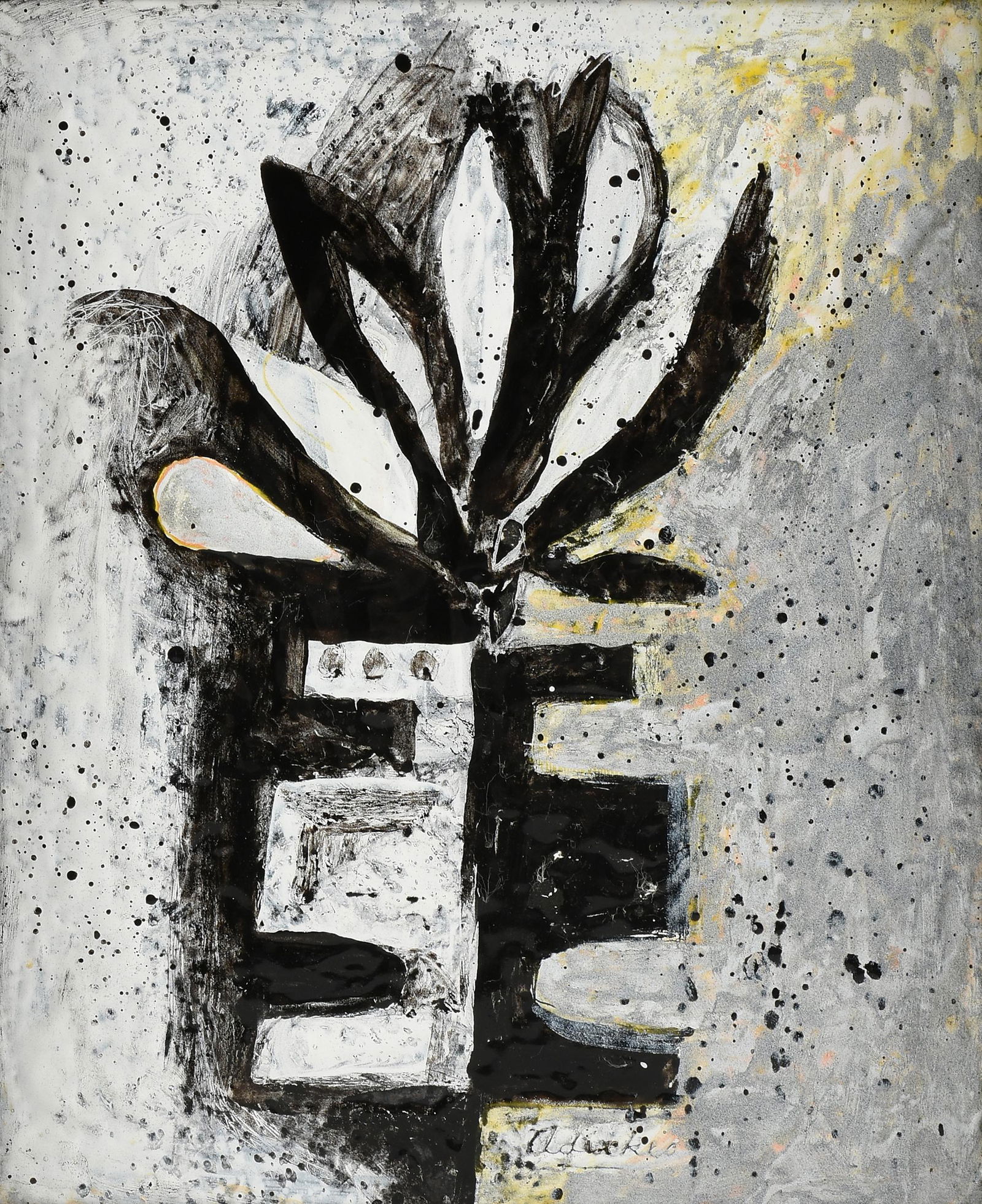 DAVID ADICKES (American/Texas b. 1927) A PAINTING, "Vase with Leaves," 1959,: DAVID ADICKES (American/Texas b. 1927) A PAINTING, "Vase with Leaves," 1959, enamel paint on metal support, signed L/C, verso inscribed, "Adickes Milano 2-4-59 Vase with Leaves;" 11 1/2'' x 9 1/2'', f