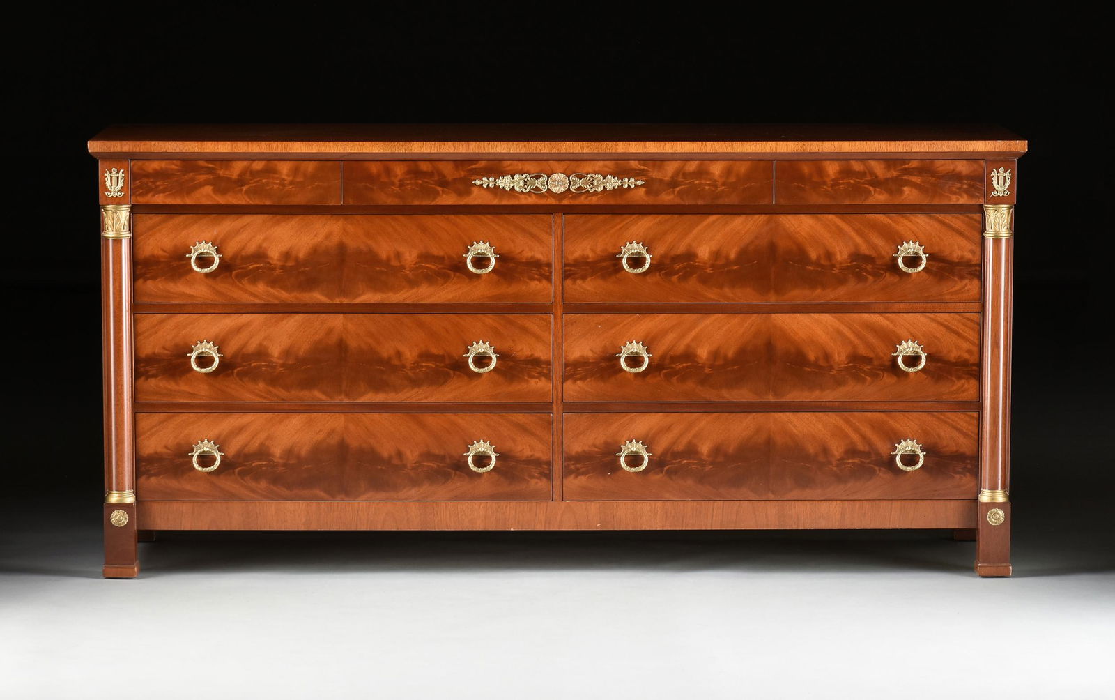 A KINDEL NEOCLASSIC COLLECTON GILT BRASS MOUNTED FLAME MAHOGANY DOUBLE DRESSER, MODERN, (1 of 14)