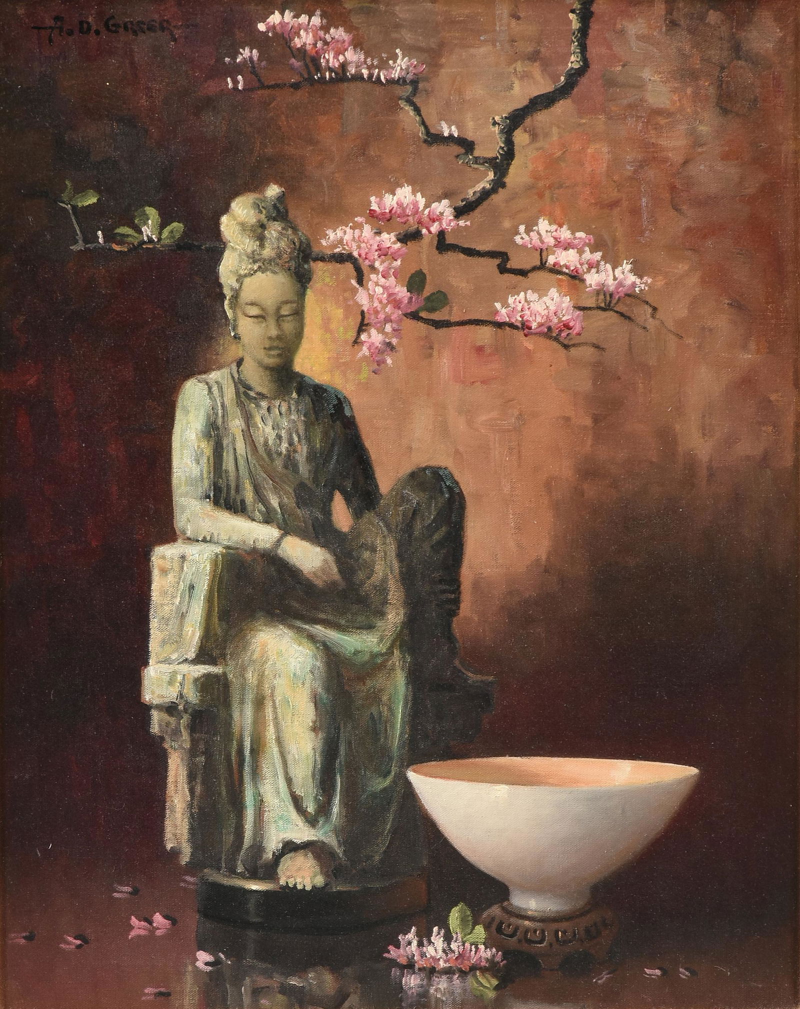 A.D. GREER (American/Texas 1904-1998) A PAINTING, "Still Life with Chinese Statue, Cup, and Plum (1 of 12)