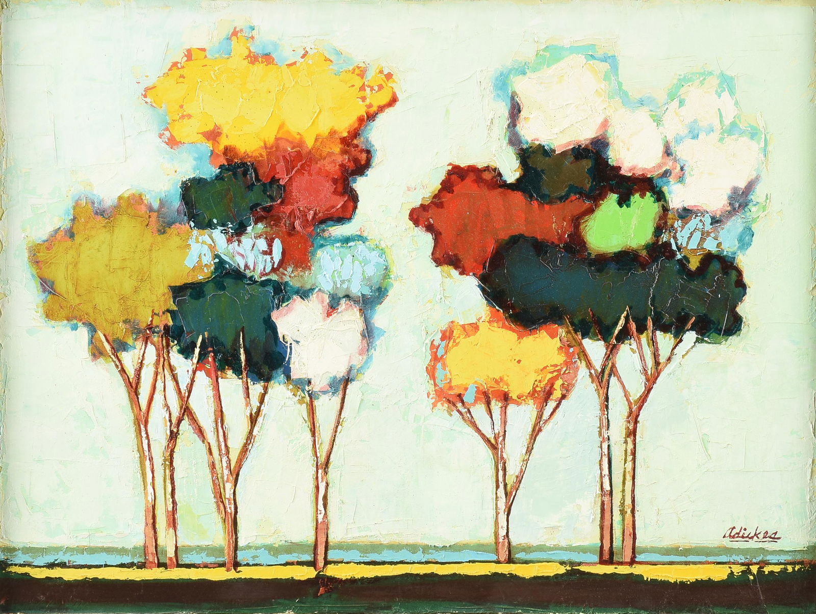 DAVID ADICKES (American/Texas b. 1927) A PAINTING, "Spring Trees," 1980,: DAVID ADICKES (American/Texas b. 1927) A PAINTING, "Spring Trees," 1980, oil on canvas, signed L/R; 17 3/4'' x 23 1/2'', framed 24'' x 30''. Provenance: Estate of the late Dr. Wiley and Gloria Biles,