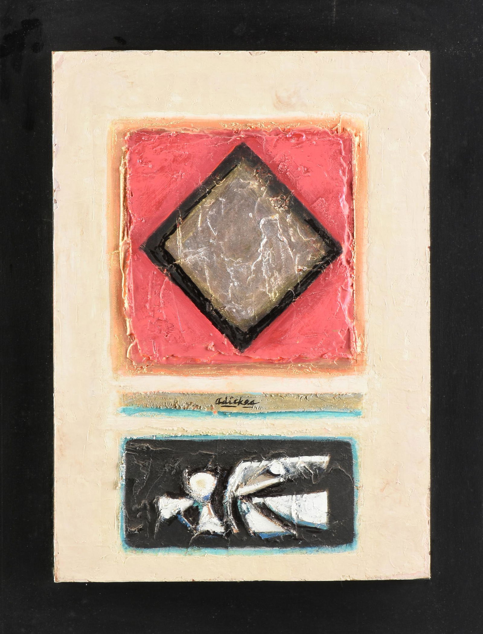 DAVID ADICKES (American/Texas b. 1927) A PAINTING, "Diamond Angel," 1980s,: DAVID ADICKES (American/Texas b. 1927) A PAINTING, "Diamond Angel," 1980s, acrylic and texture on board, signed center, "Adickes," verso an Adickes Studio label. 32" x 24"