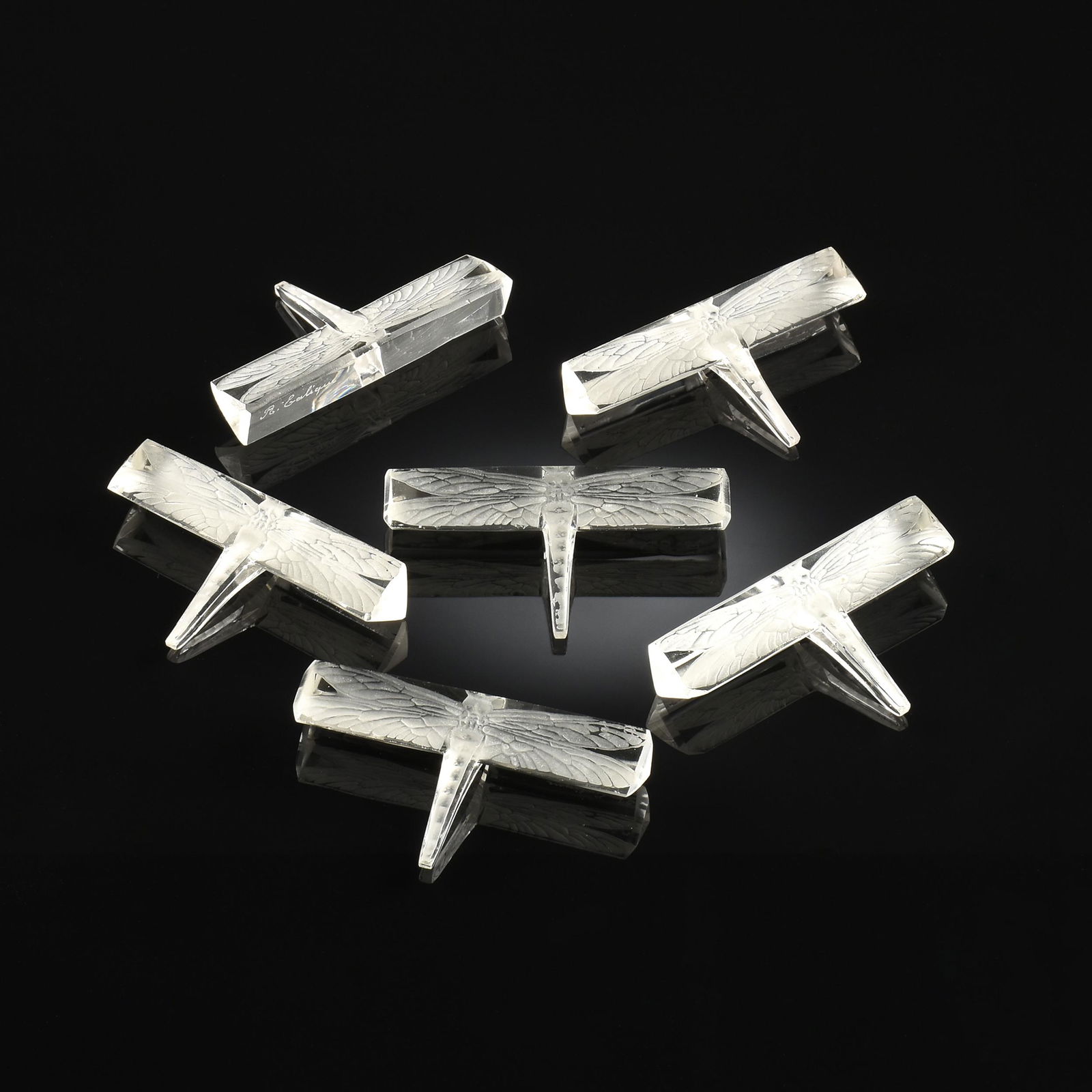 SET OF SIX RENÉ LALIQUE CLEAR AND FROSTED GLASS "LIBELLULE/DRAGONFLY" KNIFE RESTS, SIGNED, NO. (1 of 3)