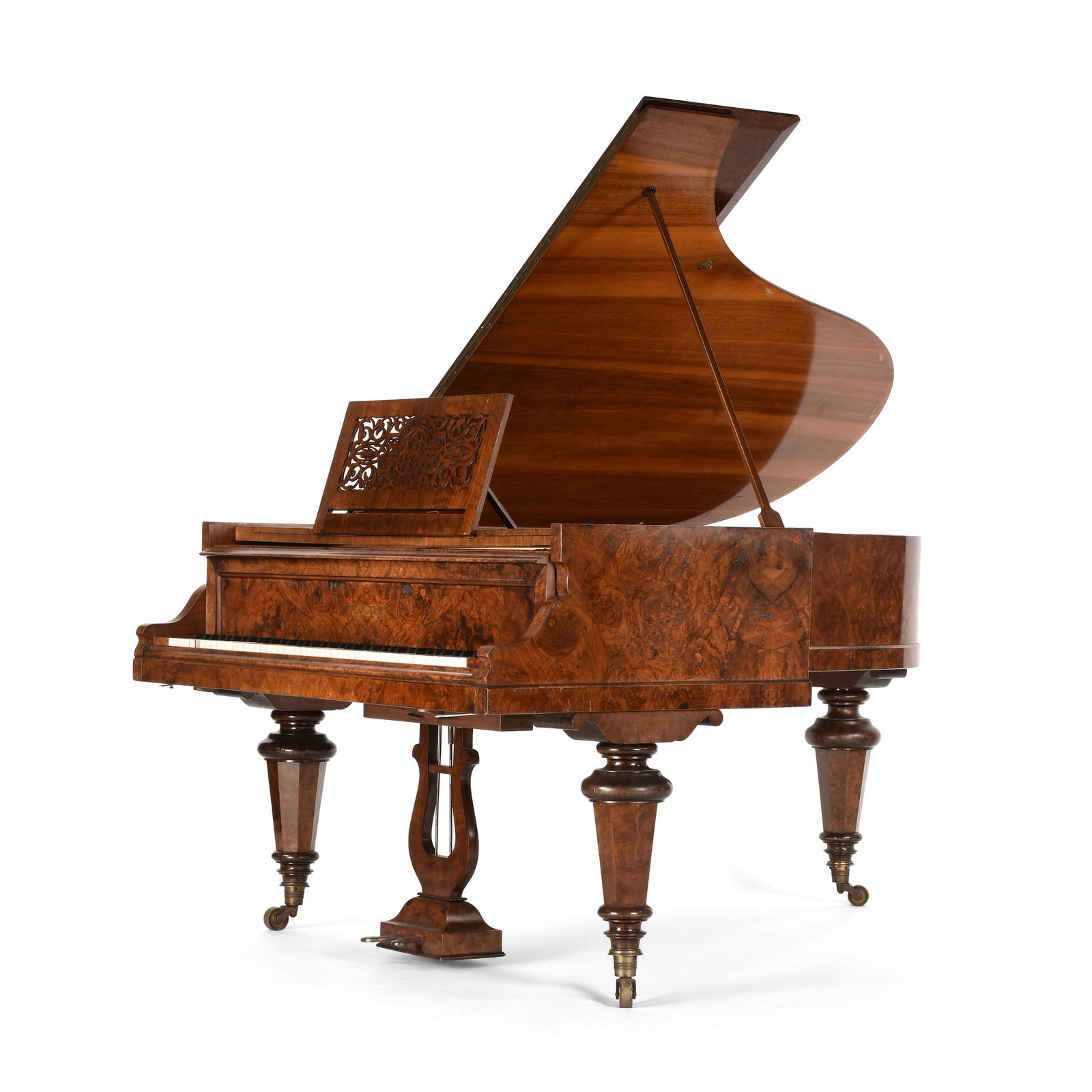AN ANTIQUE GERMAN BURL WALNUT GRAND PIANO, BY ERNST KAPS, No. 4744, DRESDEN, 1877-1879, (1 of 7)