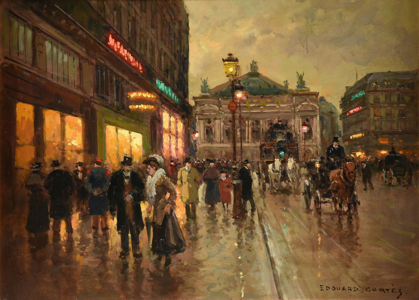 ÉDOUARD CORTÈS (French 1882-1969) A PAINTING, "Place d'Opera," 20TH CENTURY,: EDOUARD CORTES (French 1882-1969) A PAINTING, "Place d'Opera," 20TH CENTURY, oil on canvas, signed L/R; 21'' x 29'', framed 31 1/4'' x 39''. Provenance: Private Collection, Dallas, Texas