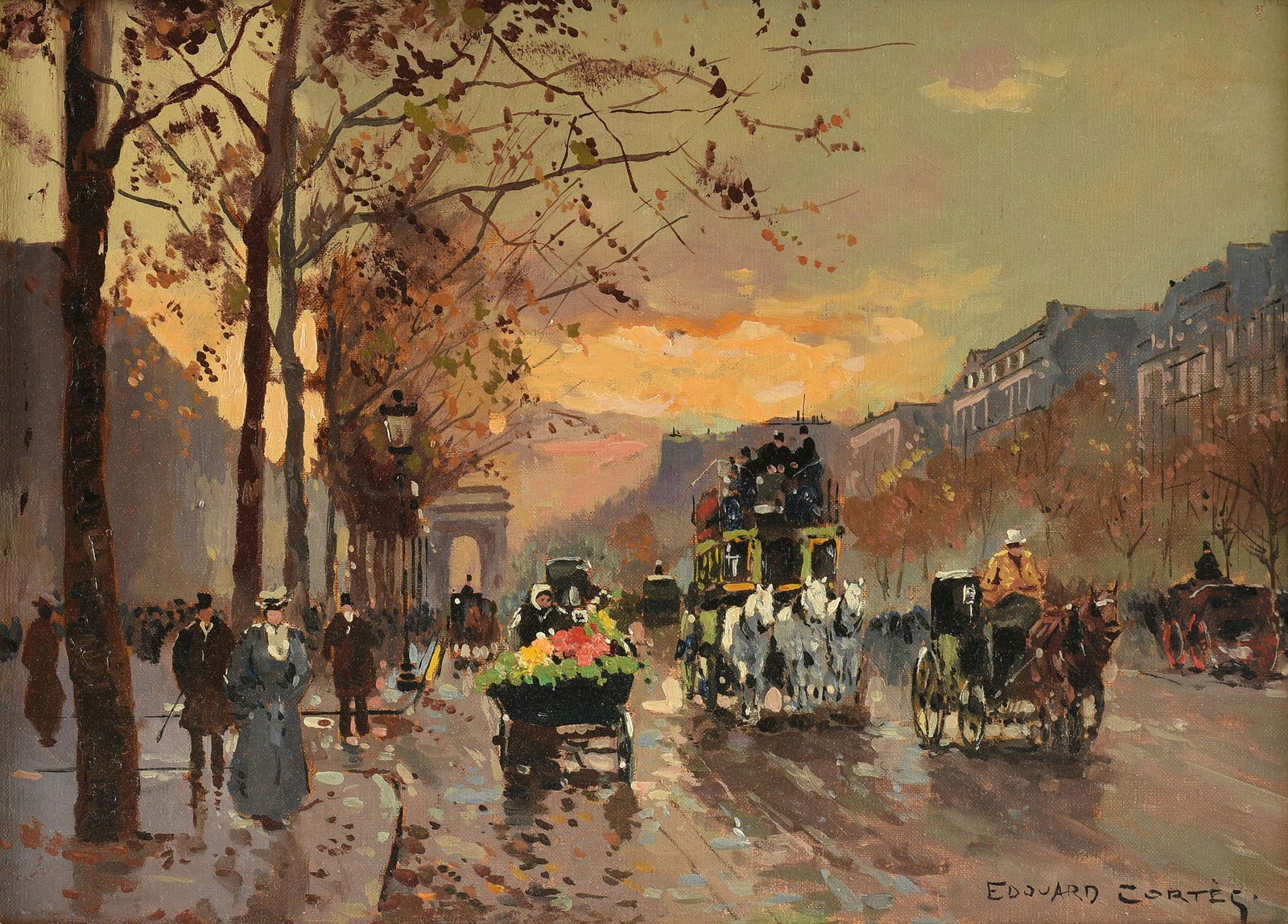 ÉDOUARD CORTÈS (French 1882-1969) A PAINTING, "Champs Ellysees," 20TH CENTURY,: EDOUARD CORTES (French 1882-1969) A PAINTING, "Champs Ellysees," 20TH CENTURY, oil on canvas, signed L/R; 13'' x 18 1/4'', framed 20 3/4'' x 25 1/4''. Provenance: Private Collection, Dallas, Texas