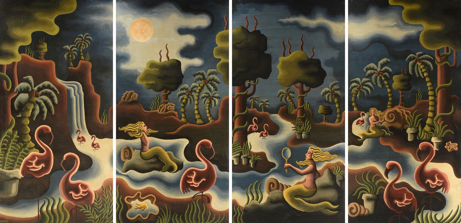 MICHAEL MURPHY (American/Louisiana 1941-1986) A FOUR PANEL MURAL, "Moonlit Mermaid Grotto with (1 of 20)