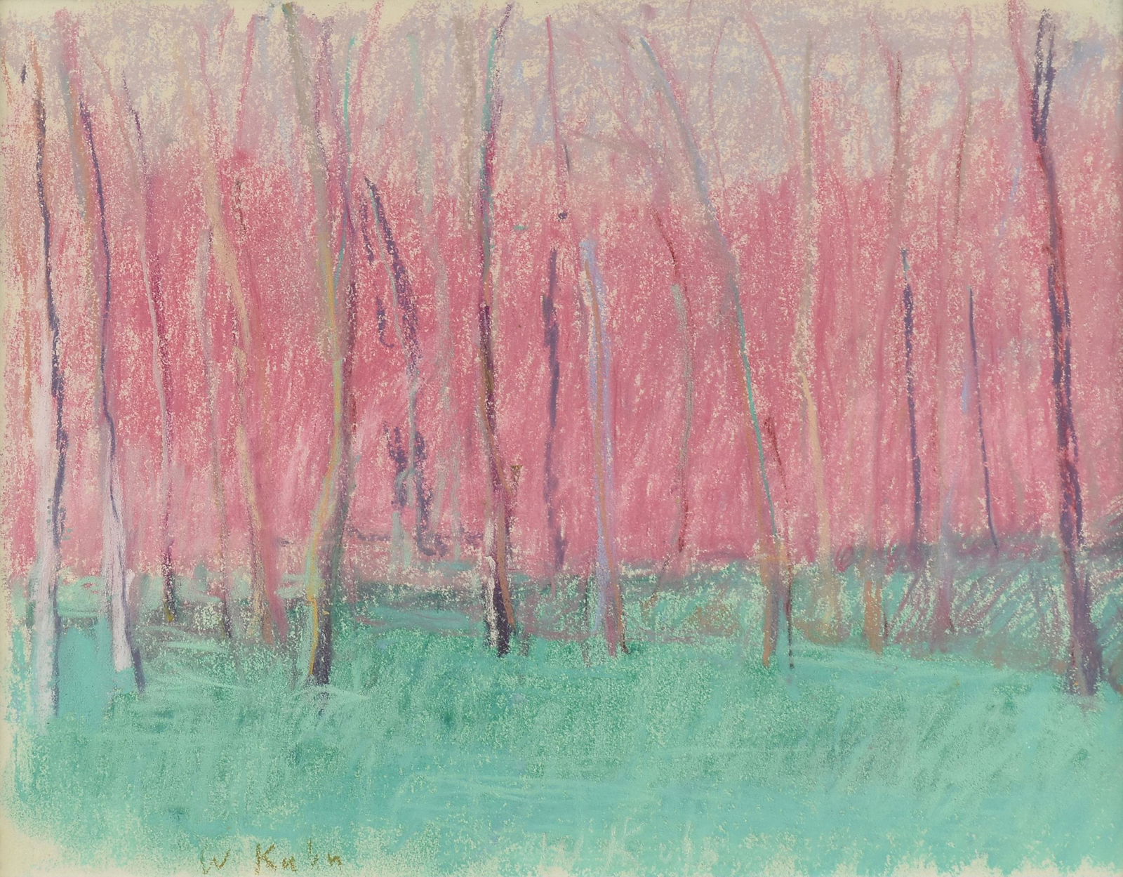 WOLF KAHN (German/American 1927-2020) A DRAWING, "Woods, Wild Color," 1986,: WOLF KAHN (German/American 1927-2020) A DRAWING, "Woods, Wild Color," 1986, pastel on paper, signed L/L, "W. Kahn," verso a paper gallery label; 9" x 12", framed 21" x 23 1/2". Provenance: Wagner Coll