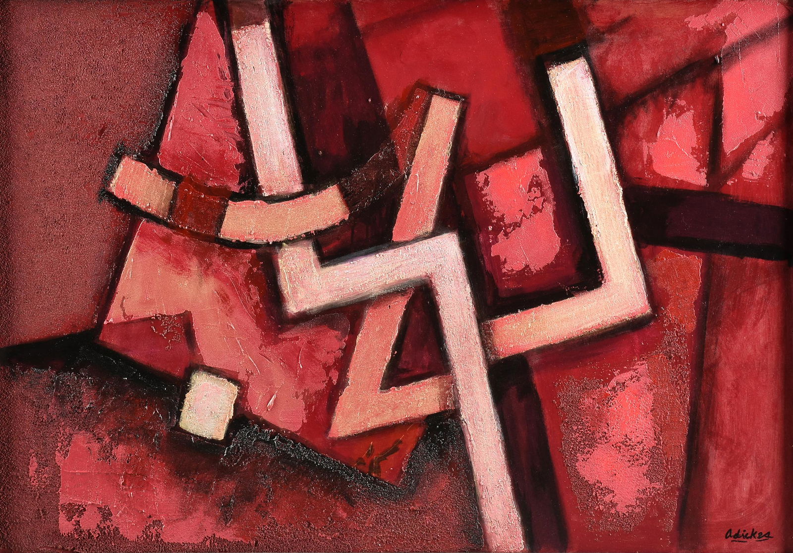 DAVID ADICKES (American/Texas b. 1927) A PAINTING, "Ruby Geometric,": DAVID ADICKES (American/Texas b. 1927) A PAINTING, "Ruby Geometric," acrylic and texture on board, signed L/R, "Adickes;" 26 1/4" x 37 3/4", framed 27 3/4" x 39 1/4".
