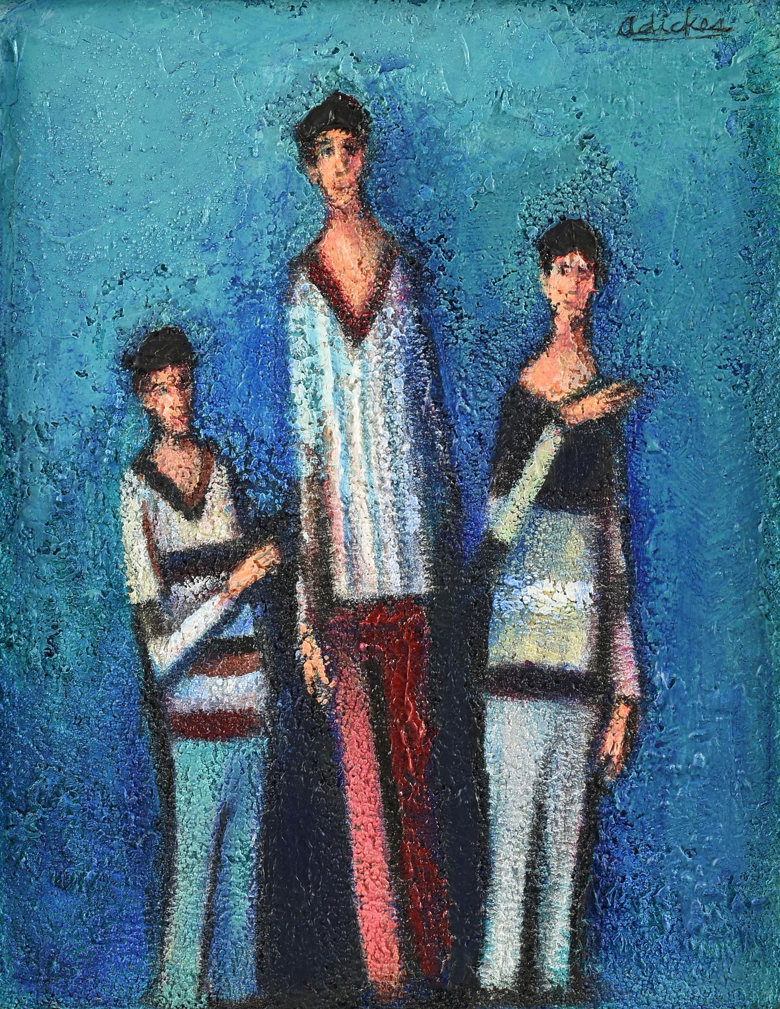 DAVID ADICKES (American/Texas b. 1927) A PAINTING, "Three Men Against Turquoise," 2017,: DAVID ADICKES (American/Texas b. 1927) A PAINTING, "Three Men Against Turquoise," 2017, acrylic and coffee on board, signed U/R, "Adickes," verso signed, dated, and Adickes Studio label; 13 1/2" x 10