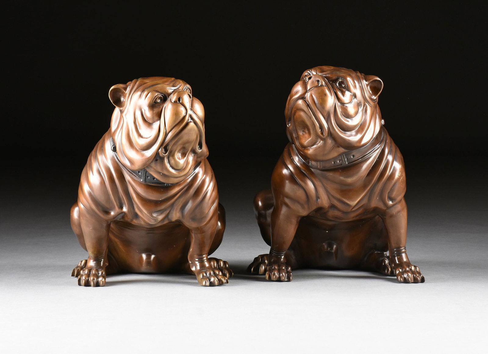 A PAIR OF ENGLISH BULLDOG PATINATED BRASS SCULPTURES, MODERN, (1 of 11)