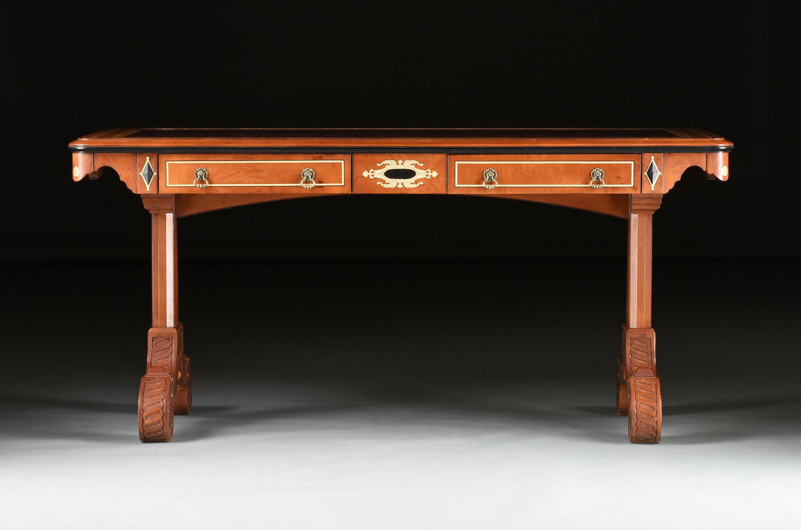 A JOHN WIDDICOMB VICTORIAN STYLE LEATHER TOPPED ELM AND MAPLE PARTNER'S DESK, LABELED, MODERN, (1 of 10)