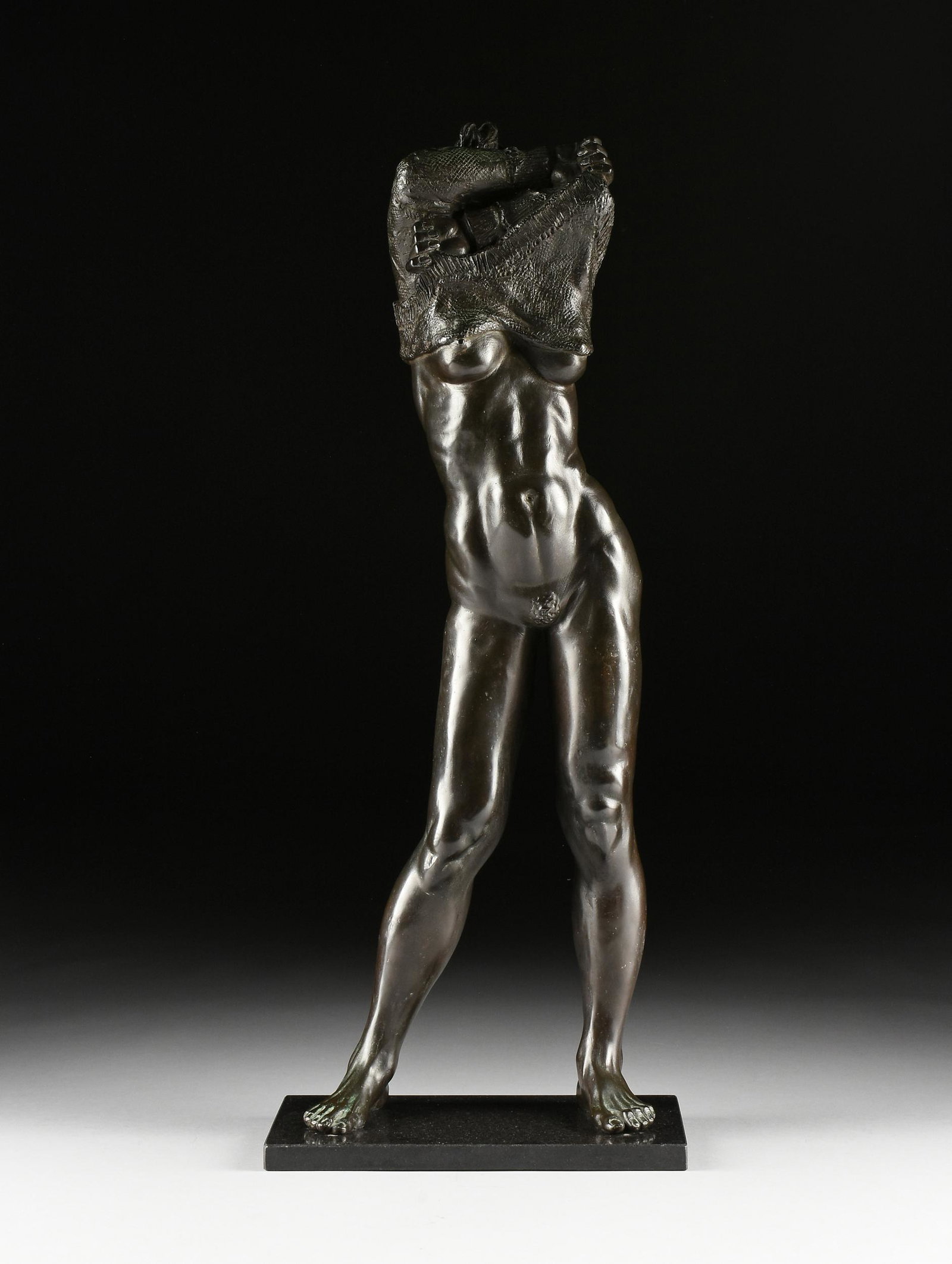 JOSEPH SHERLY SHEPPARD (American b. 1930) AN EROTIC SCULPTURE, "Nude Woman Escaping Sweater,": JOSEPH SHERLY SHEPPARD (American b. 1930) AN EROTIC SCULPTURE, "Nude Woman Escaping Sweater," cast bronze, verso signed in bronze, with special edition number 1/10, raised on a rectangular black grani
