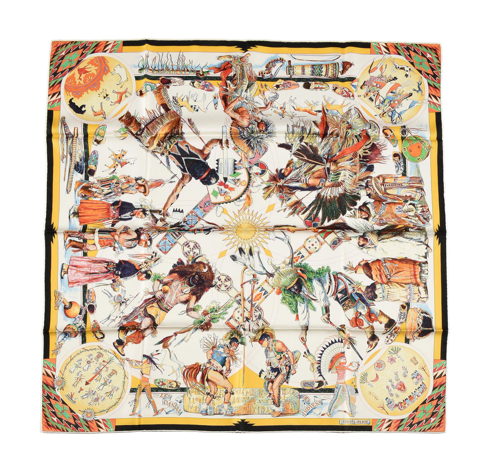 AN HERMÉS CARRÉ SCARF BY KERMIT OLIVER (American b. 1943) "Les Danses de Indiens," ISSUED (1 of 13)
