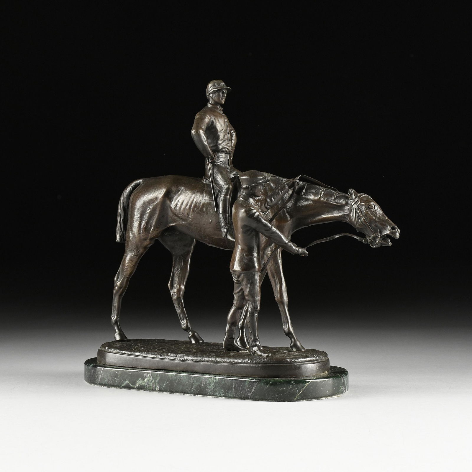 attributed to JOHN WILLIS GOOD (English 1845-1879) A BRONZE SCULPTURE, "Jockey on Horse with Groom," (1 of 9)