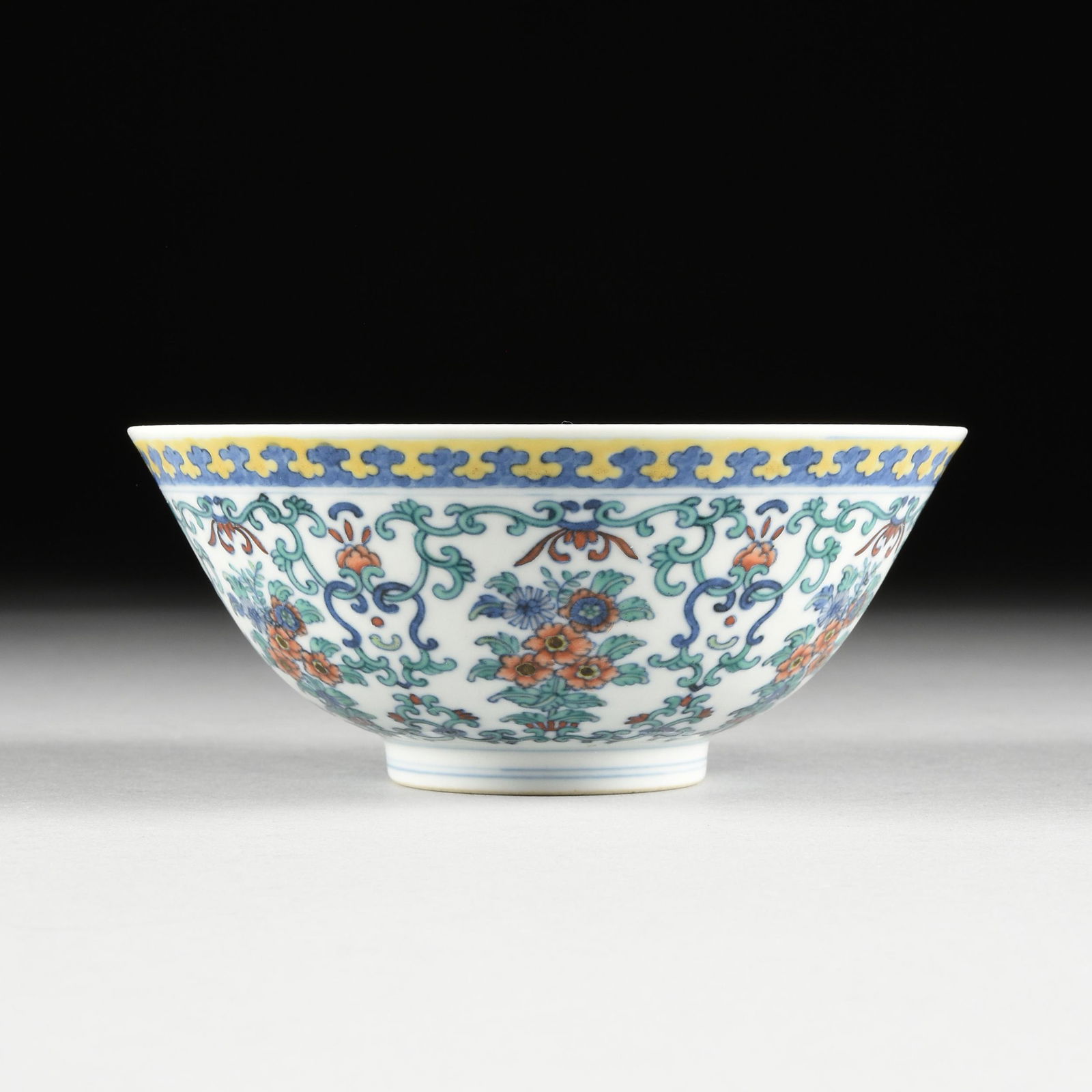 A QING DYNASTY DOUCAI ENAMELED PORCELAIN BOWL, FLOWER BOUQUET, DAOGUANG MARK, 1821-1850, (1 of 4)