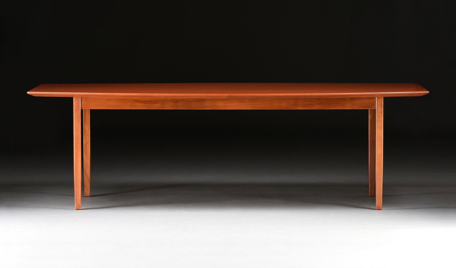 A FLORENCE KNOLL COLLECTION MAHOGANY BOAT SHAPED CONFERENCE TABLE TOP ON ASSOCIATED BASE, LATE 20TH (1 of 6)
