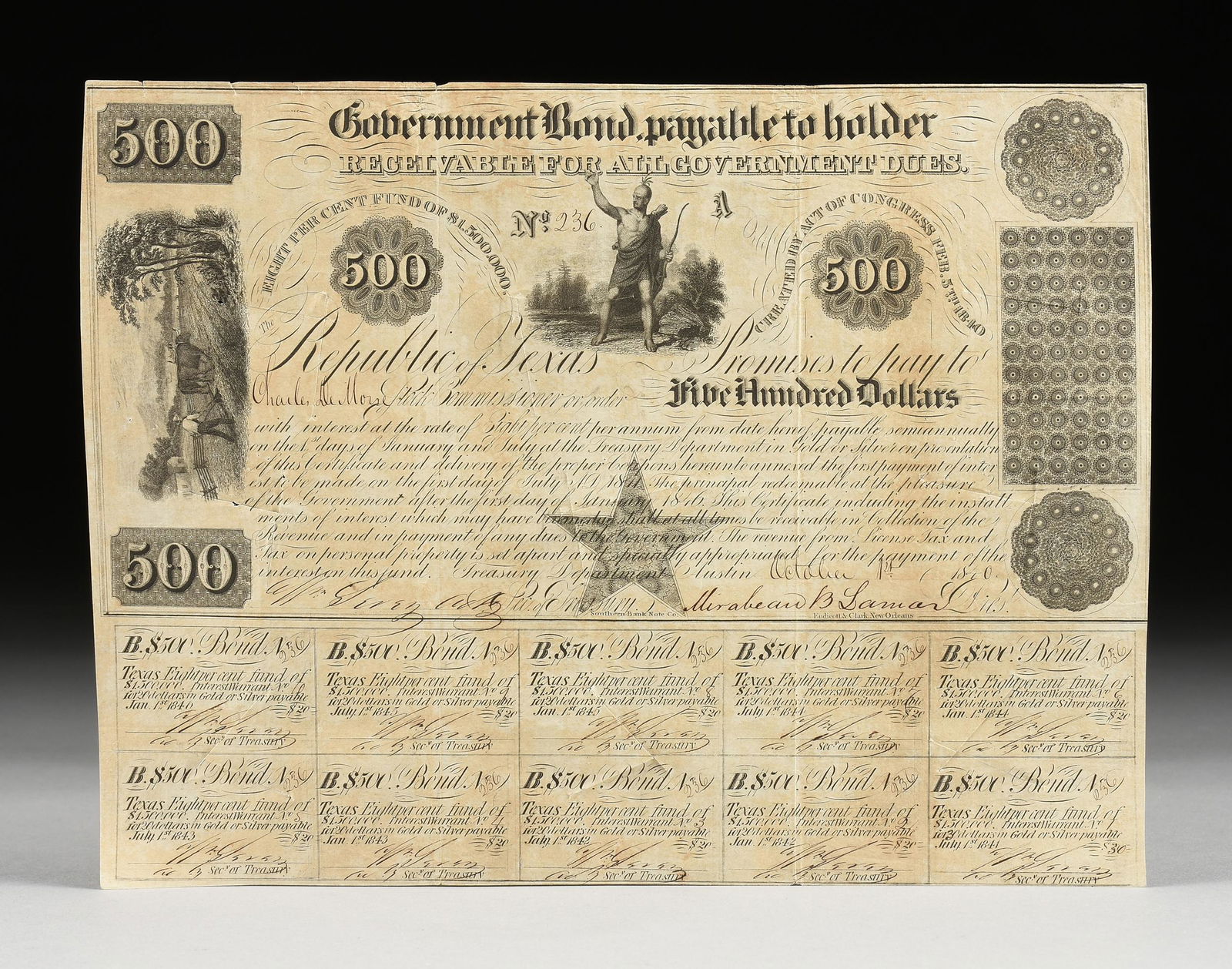 MIRABEAU B. LAMAR, SIGNED, A REPUBLIC OF TEXAS $500 PROMISSORY NOTE, AUSTIN, OCTOBER 1, 1840, (1 of 2)