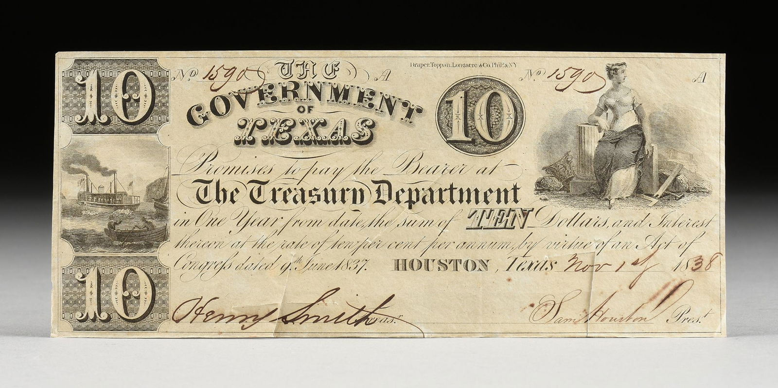 SAM HOUSTON, SIGNED, $10 GOVERNMENT OF TEXAS TREASURY PROMISSORY NOTE, HOUSTON, NOVEMBER 1, 1838, (1 of 1)