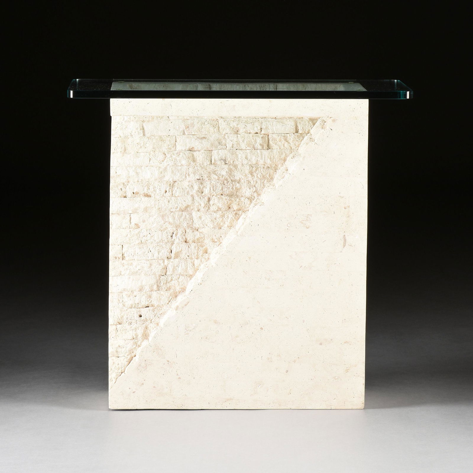 A POST MODERN GLASS TOPPED TESSELLATED MACTAN STONE SIDE TABLE, 1980s, (1 of 8)