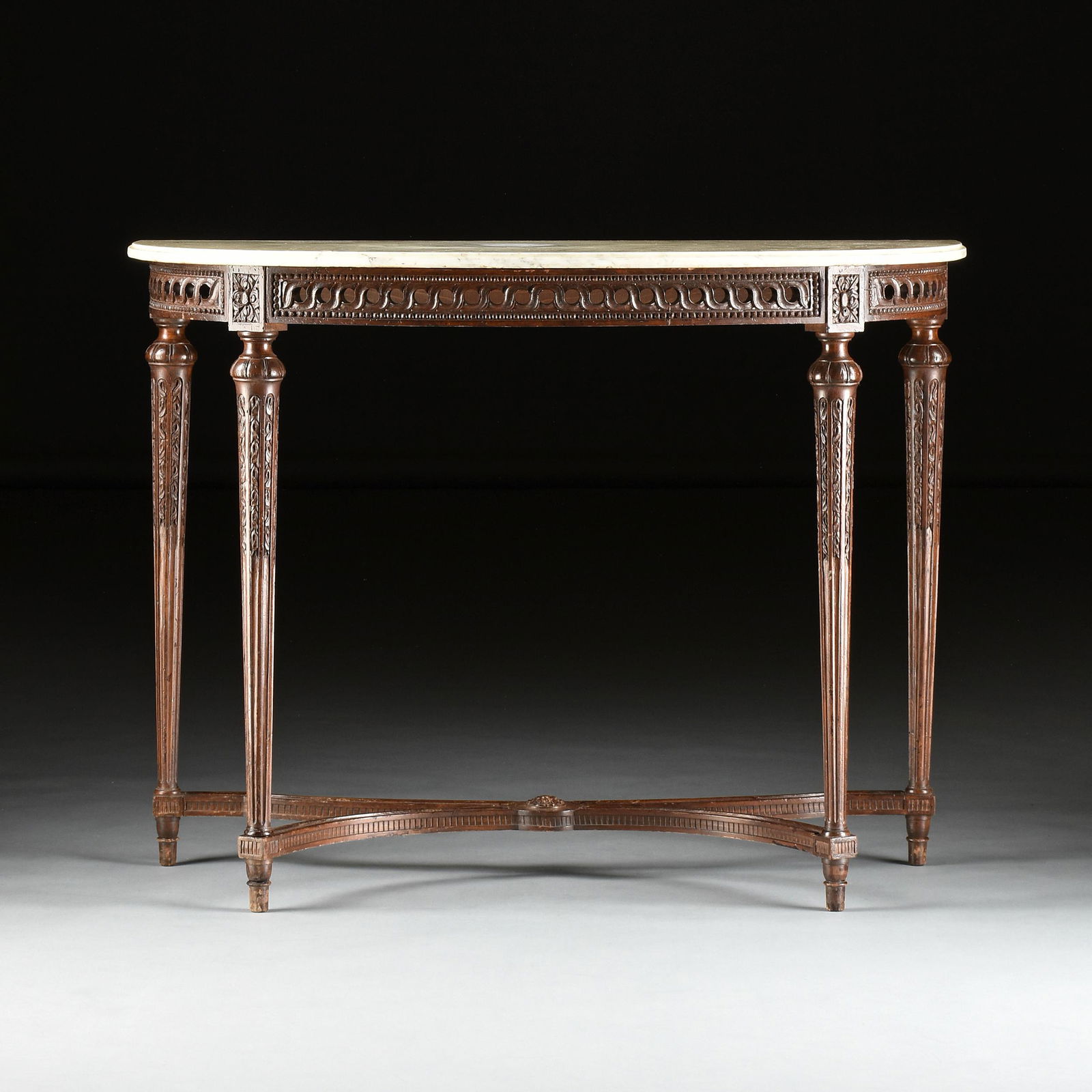 A LOUIS XVI STYLE MARBLE TOPPED AND STAINED WOOD CONSOLE TABLE, 20TH CENTURY, (1 of 7)