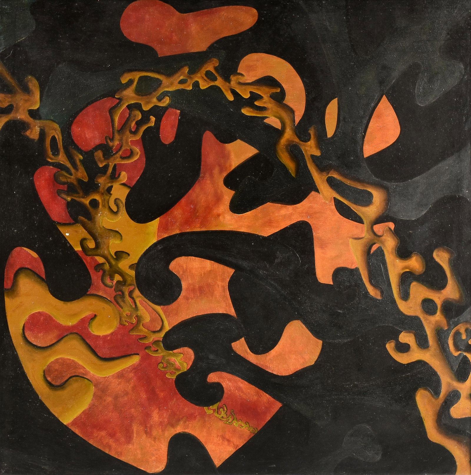 AMERICAN SCHOOL, A PAINTING, "Surrealist Abstraction," 1969,: AMERICAN SCHOOL, A PAINTING, "Surrealist Abstraction," 1969, oil on canvas, verso signed and dated, "Halverson 1969;" 47" x 46 1/2", framed 48" x 48". Provenance: Mario's Art Gallery, Hialeah, Florida