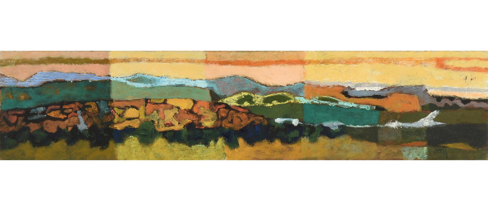 MERRILL DEAN MAHAFFEY (American b. 1937) A PAINTING, "Illuminated Cliff," 1961,: MERRILL DEAN MAHAFFEY (American b. 1937) A PAINTING, "Illuminated Cliff," 1961, oil on board, signed L/R; 6'' x 26'', framed 11 1/2'' x 31 1/2''. Note: Mahaffey is known primarily for his landsc