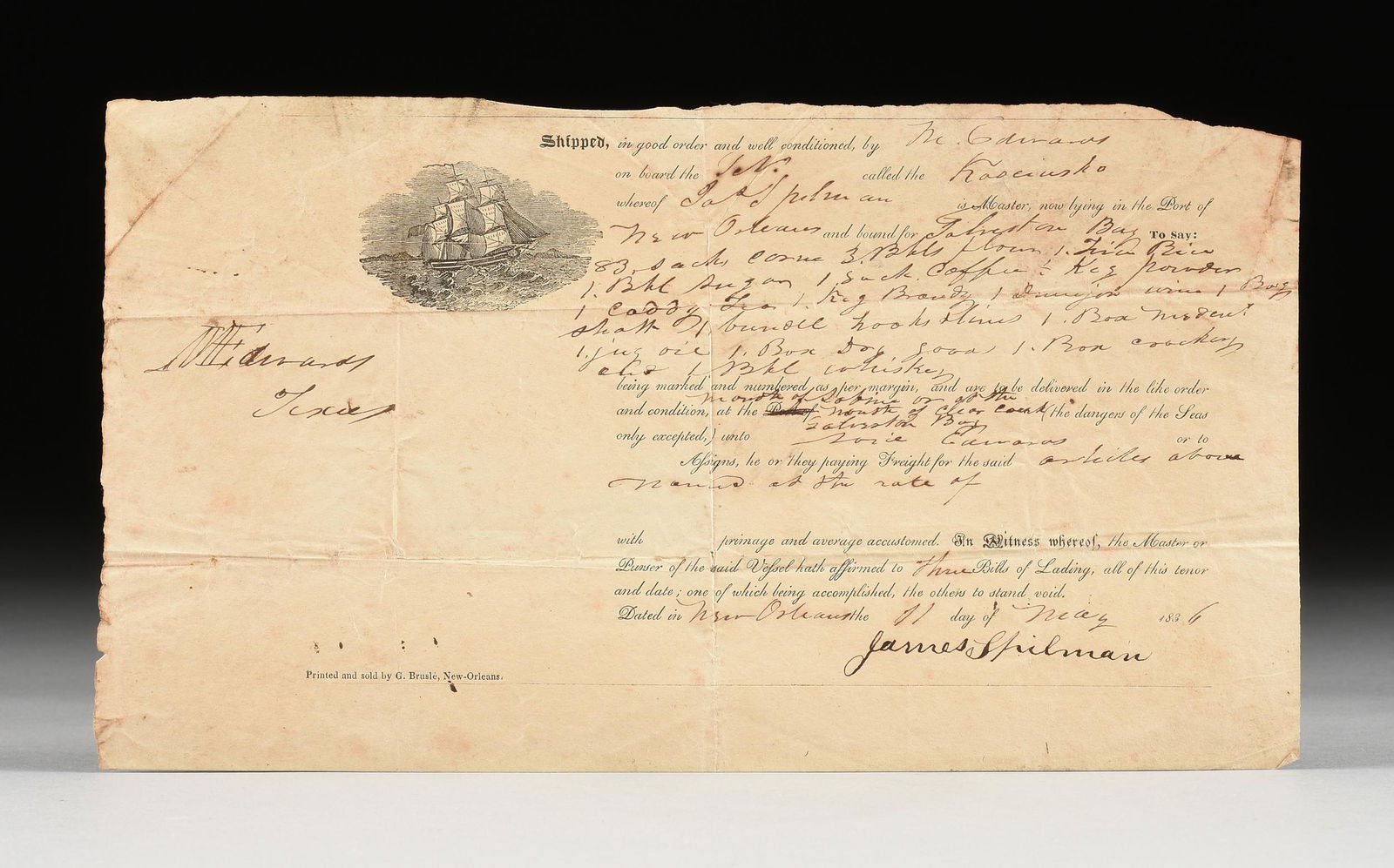 A REPUBLIC OF TEXAS BILL OF LADING FOR SMUGGLER AND FORGER MONROE EDWARDS, NEW ORLEANS TO GALVESTON, (1 of 2)
