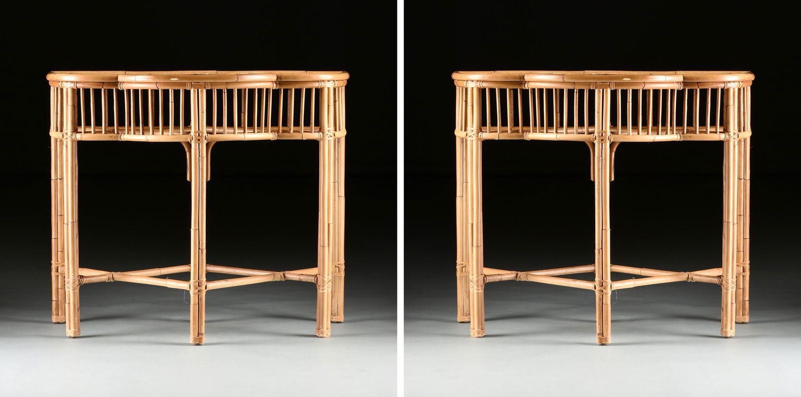 A PAIR OF MODERN WICKER TOPPED BAMBOO CONSOLE TABLES, (1 of 9)